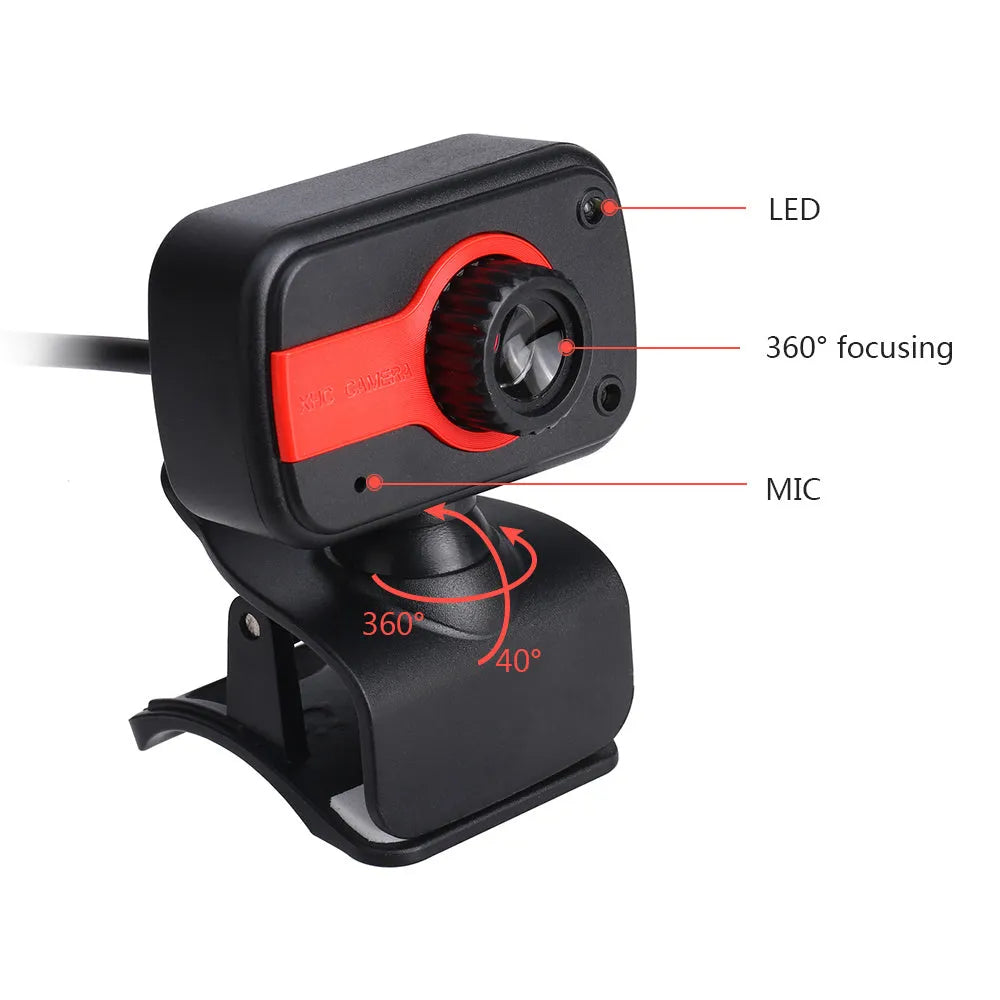 Mini USB webcam with rotating base in blue, red or white colours for PC video calling.