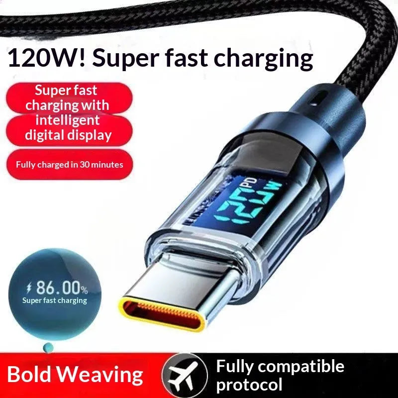 Smart digital display Type-C cable 240W braided nylon black for fast charging