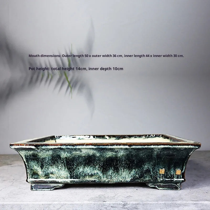 Glazed ceramic rectangular flower pot with old tree pile texture, classical style, available in dark or light jun glaze