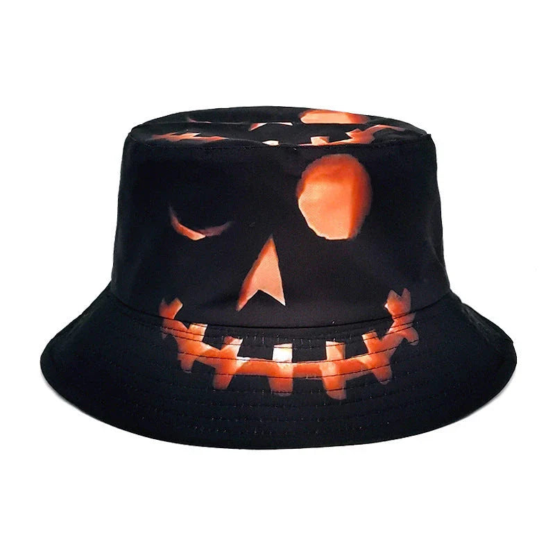 Pumpkin-themed fisherman hat with a flat top design and sun-protective features, perfect for Halloween and autumn activities