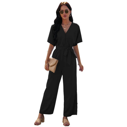 Women's V-neck tie waist jumpsuit in black, dark red, and sky blue
