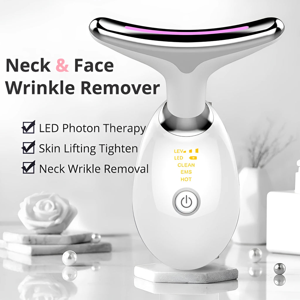 EMS thermal neck massager device with LED lights for facial skin care and wrinkle reduction