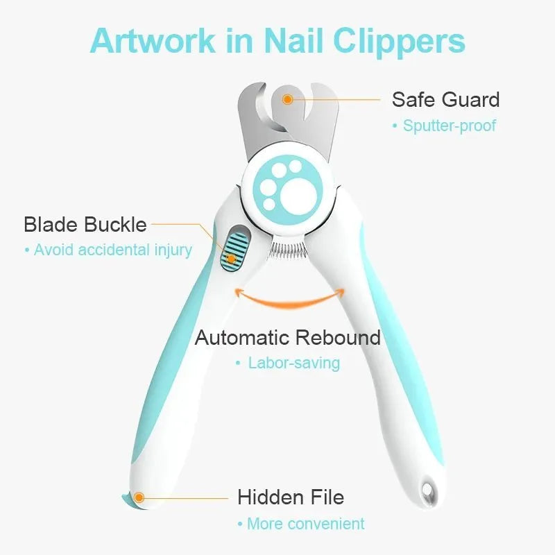 Blue and white pet nail clipper with safety lock, shown with a separate nail file.