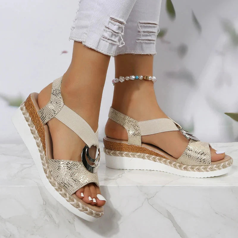 Women's Peep Toe Serpentine Wedges Sandals with unique circle design in various colours