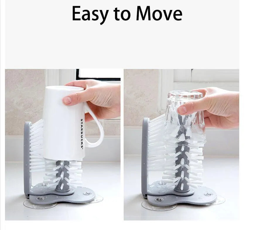 Grey double-headed cup cleaning brush with wall-mounted suction cups for kitchen use