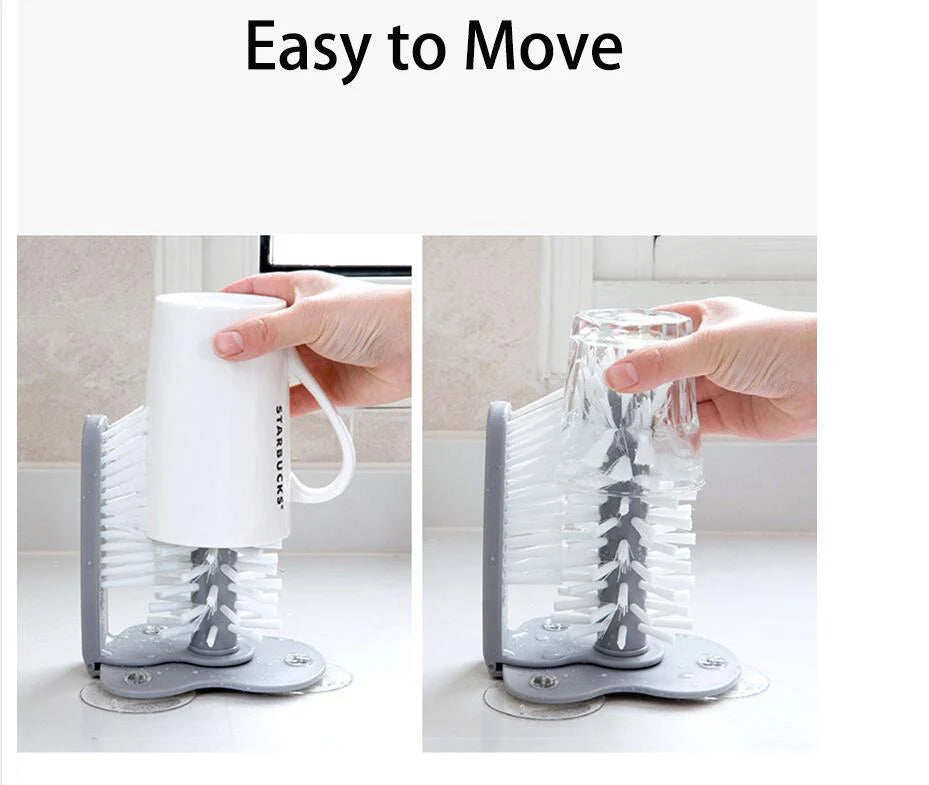 Double-head suction cup brush for cleaning glasses and cups, grey colour, compact size