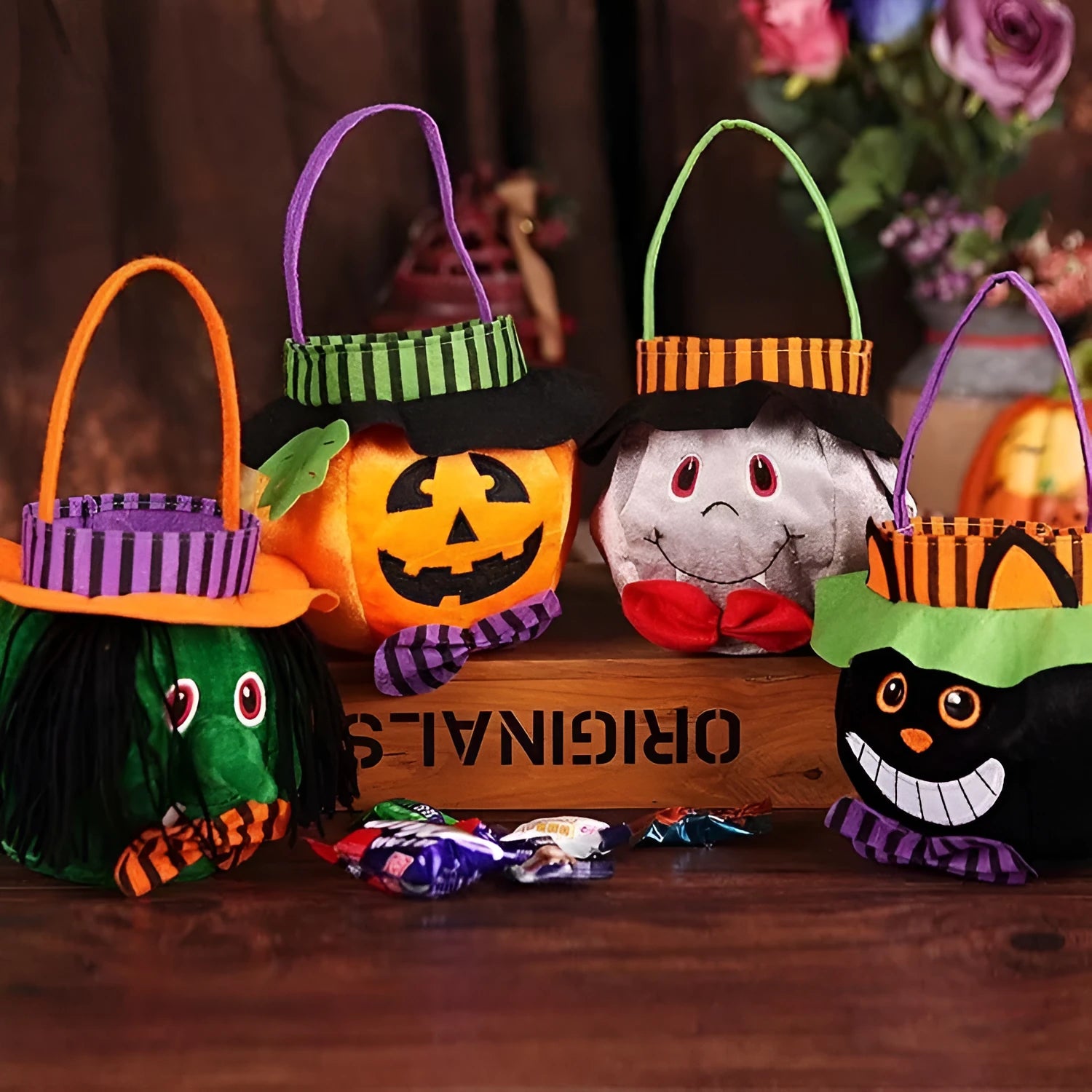 Halloween candy bag in pumpkin, witch, vampire, or blackcat design measuring 16cm square