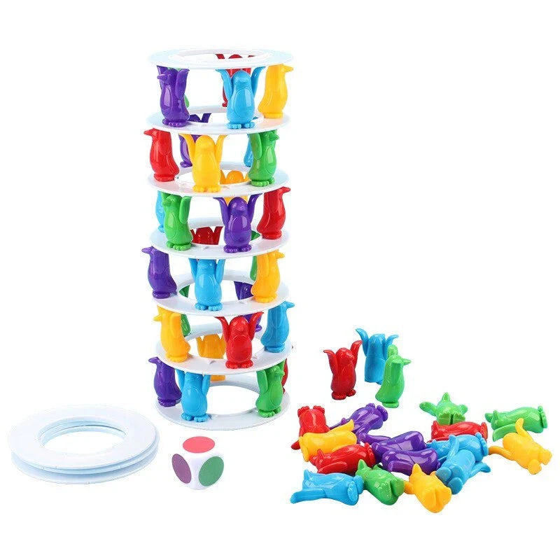 Colorful penguin-themed balance toy game for young Kiwi kids, featuring stacking and toppling challenge