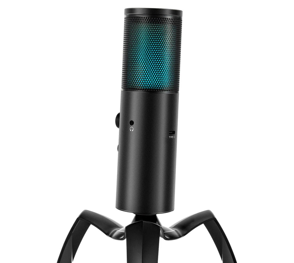Black Q18 directional condenser microphone with RGB lighting on adjustable tripod stand
