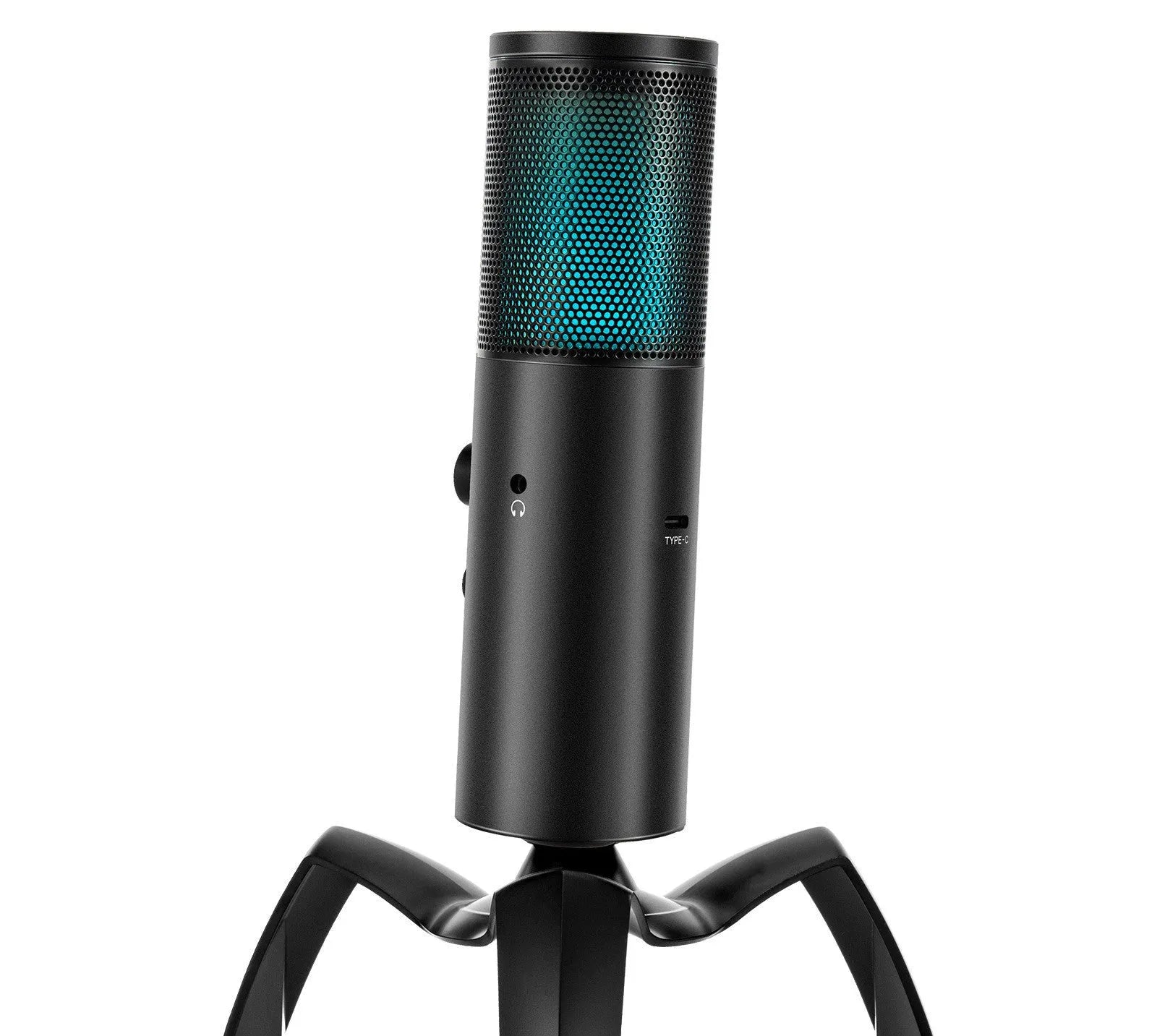 Black Q18 directional condenser microphone with RGB lighting on adjustable tripod stand