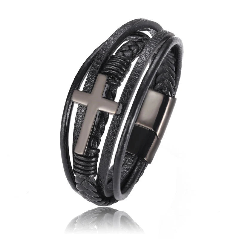 Multi-layer braided stainless steel cross men's bracelet in various finishes