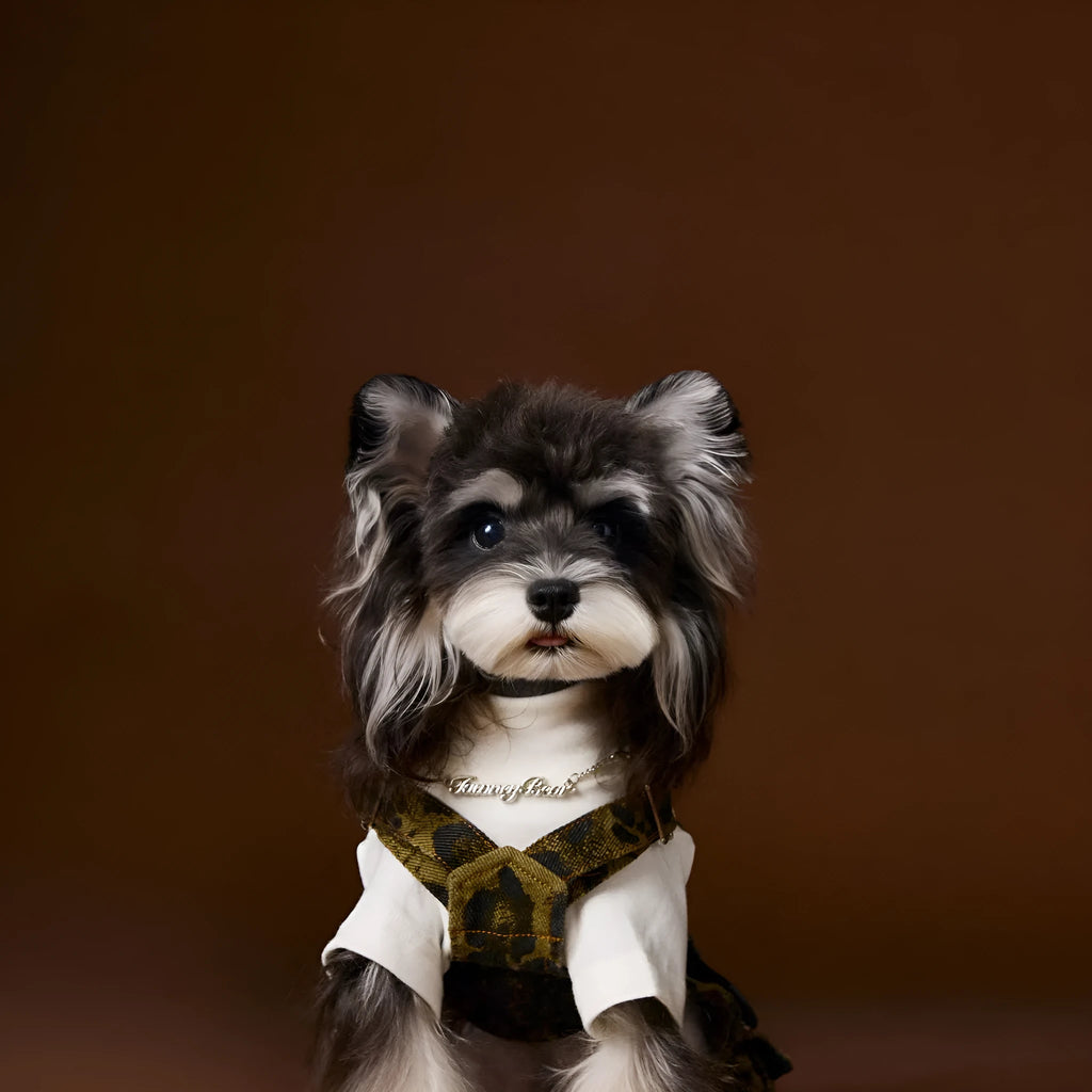 Leopard print cotton dog overalls with suspender style for autumn casual wear