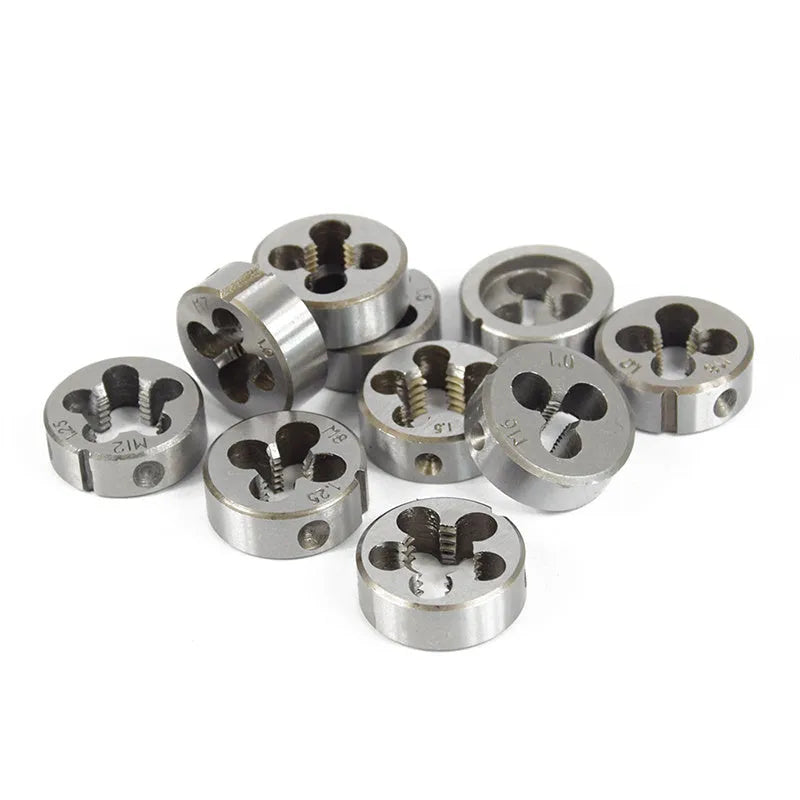 Manual metric hand tap and die set with alloy steel dies and a die holder wrench on blister card.