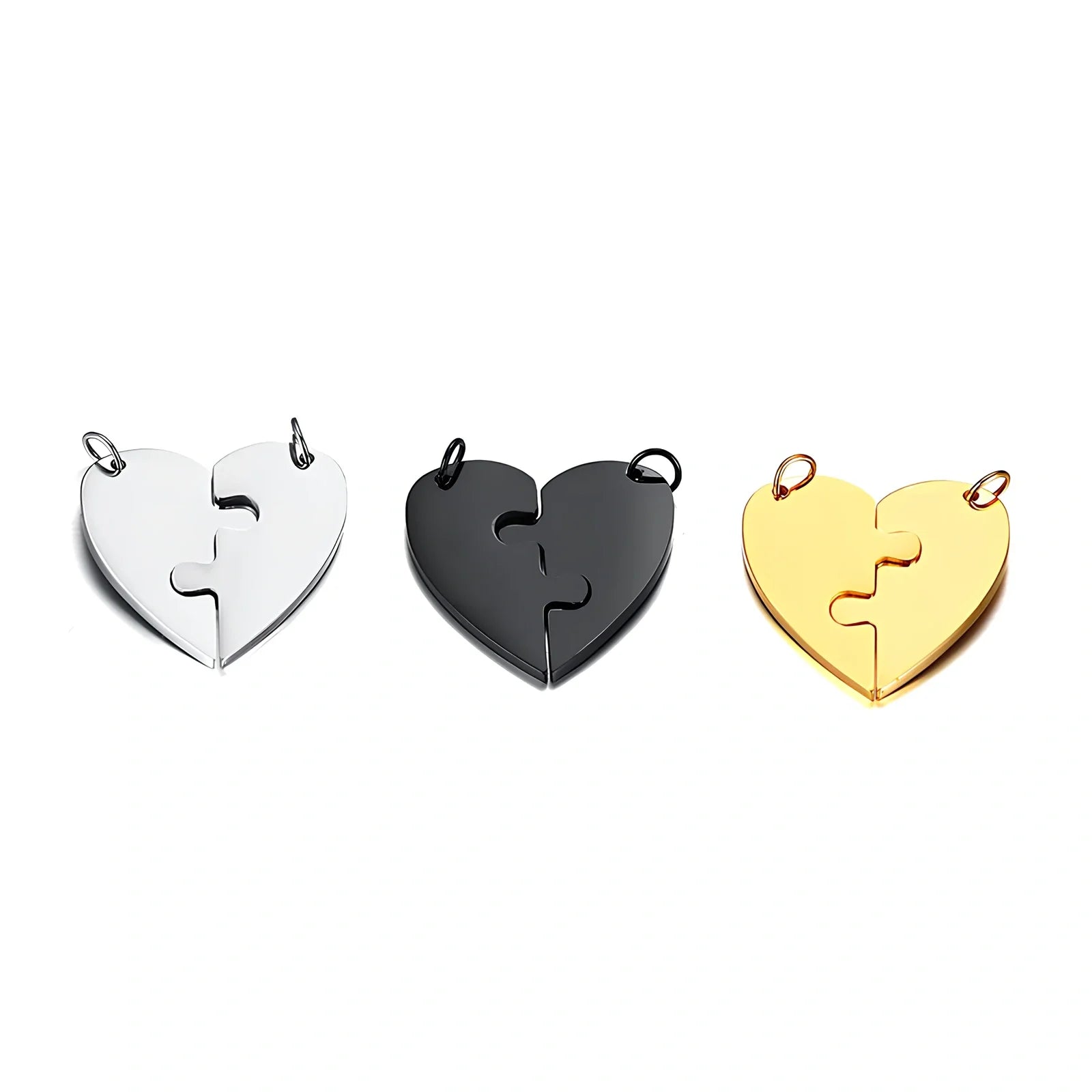 Heart-shaped titanium steel friendship pendant set in silver, gold, black with optional 51-80cm chain, rust-resistant two-piece unisex jewellery