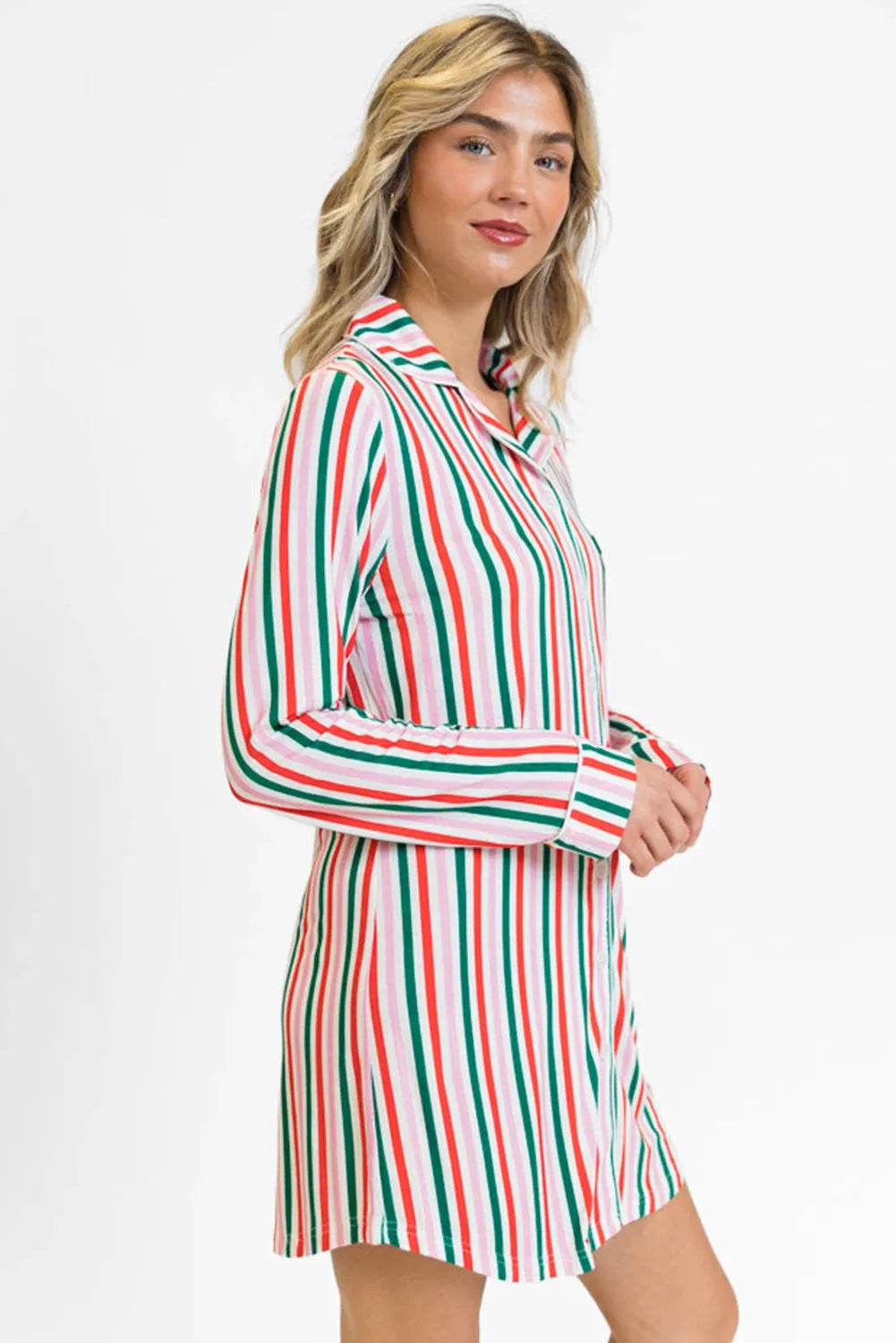 Pink striped long-sleeved polyester Christmas dress for women, casual style, front view