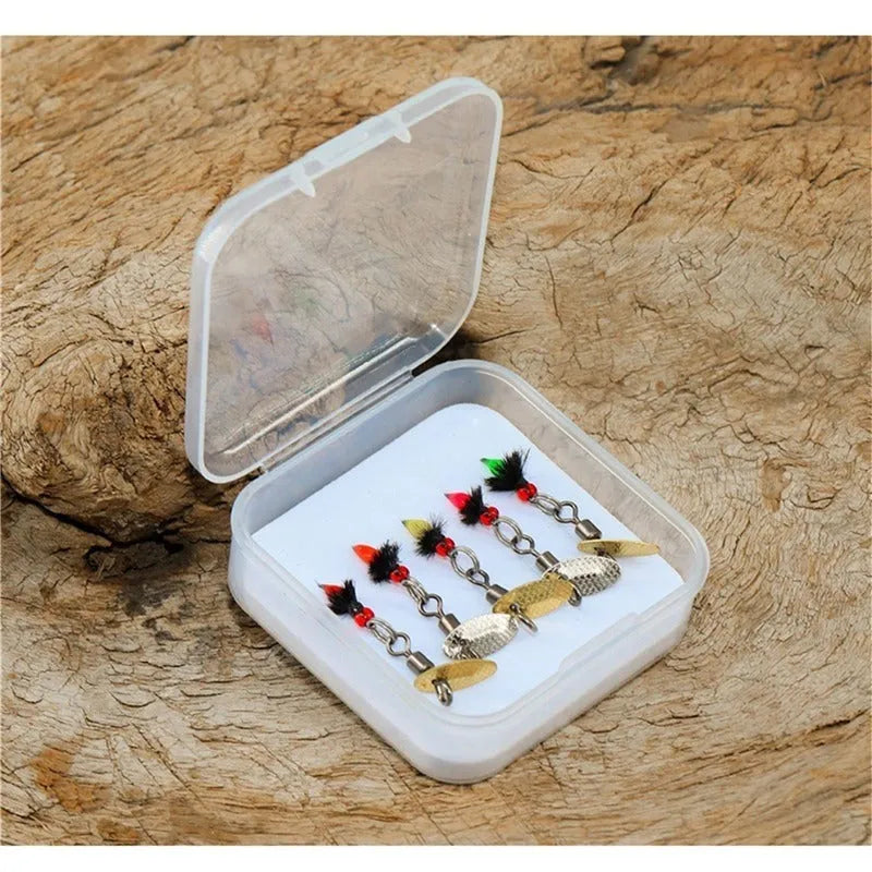 Five bionic poisonous mosquito and fly fishing hooks with multicolour patterns and sequins