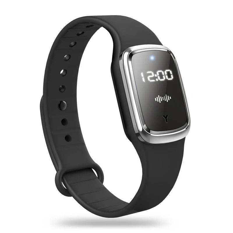 Ultrasonic mosquito repellent wristband in various colours, showcasing waterproof design and optional clock feature.