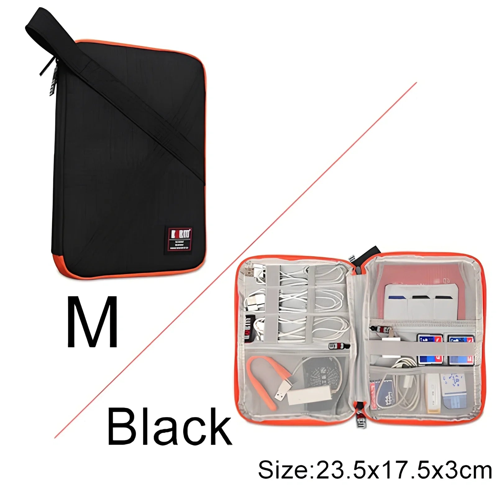 BUBM double-layer XL travel cable organizer in black, with compartments for USB, phone, charger, iPad cables, 25cm x 15cm x 10cm