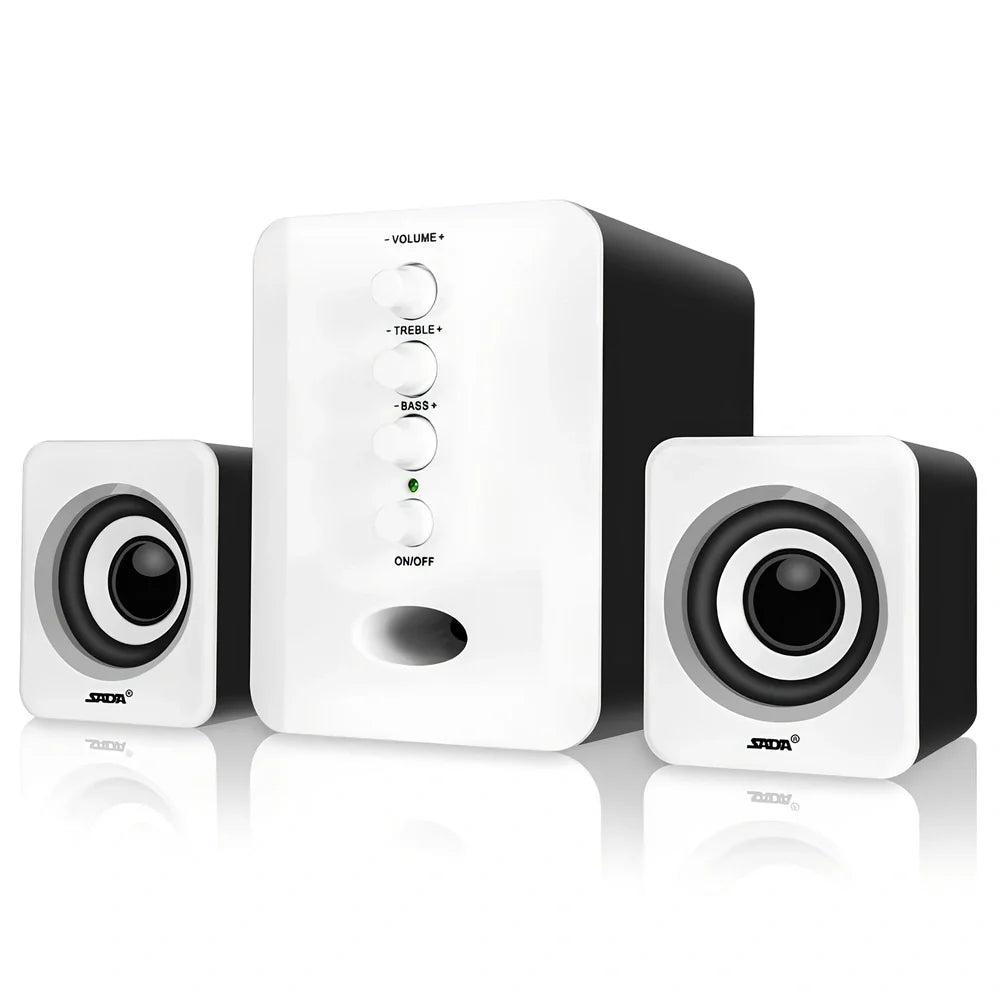Black compact USB computer speakers set with main unit, two satellites, 1m cables, and 3.5mm port for 3W stereo audio