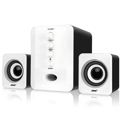 Black compact USB computer speakers set with main unit, two satellites, 1m cables, and 3.5mm port for 3W stereo audio