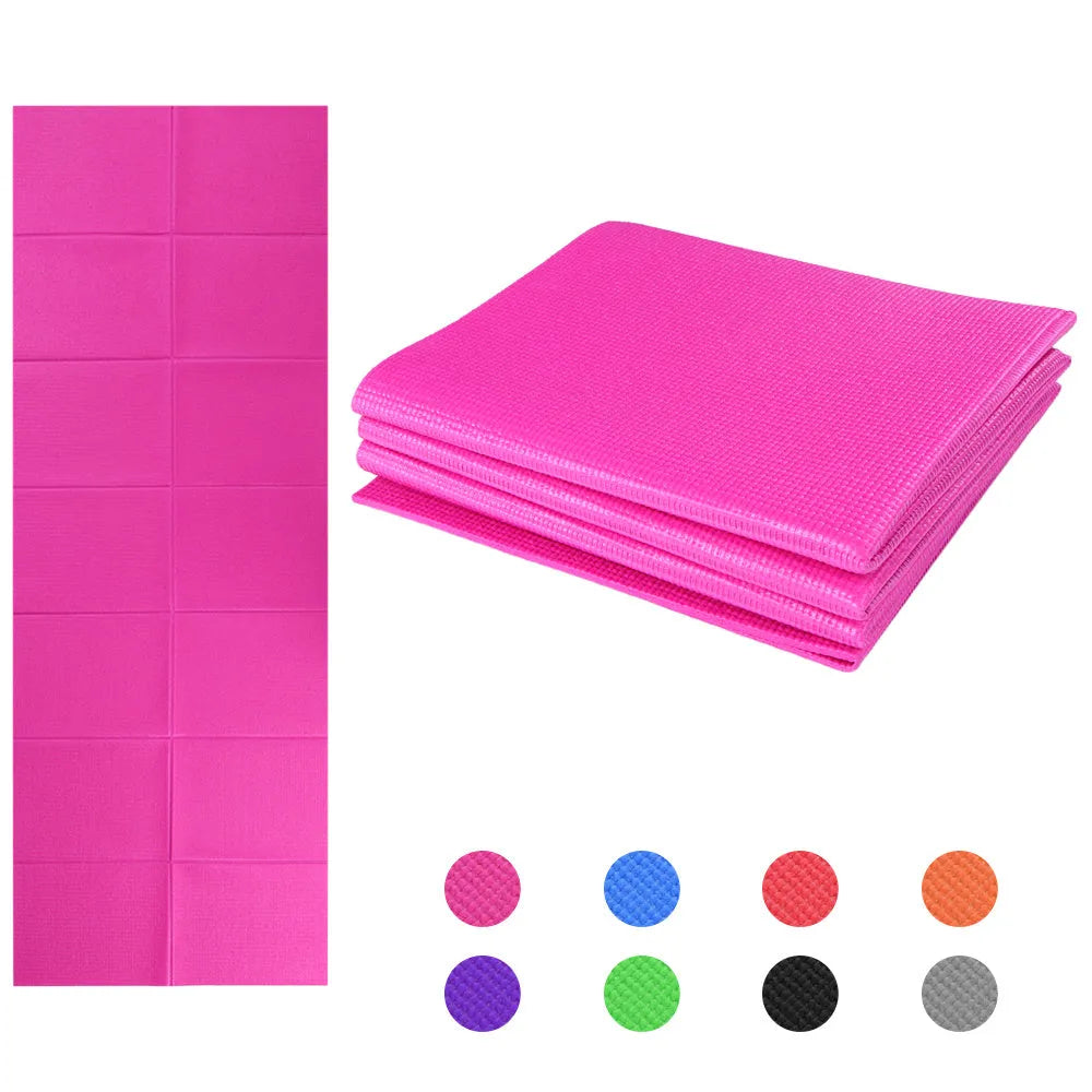 Folding non slip PVC yoga mat with high-density foam cushioning, side handles, and zipper cushion jacket, available in multiple colours