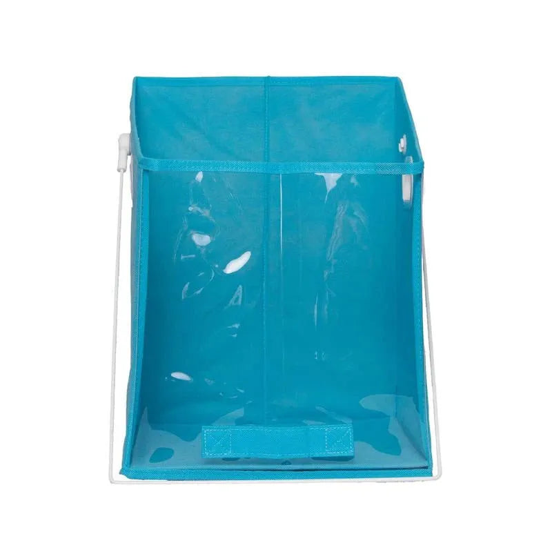 Blue folding storage basket with clear front panel shown on a shelf, folded flat and in use.