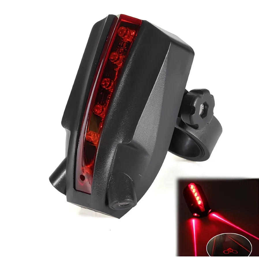 Black and red bicycle laser taillight with five LEDs and projection, 8.5x5x3.5 cm, mounted on bike frame
