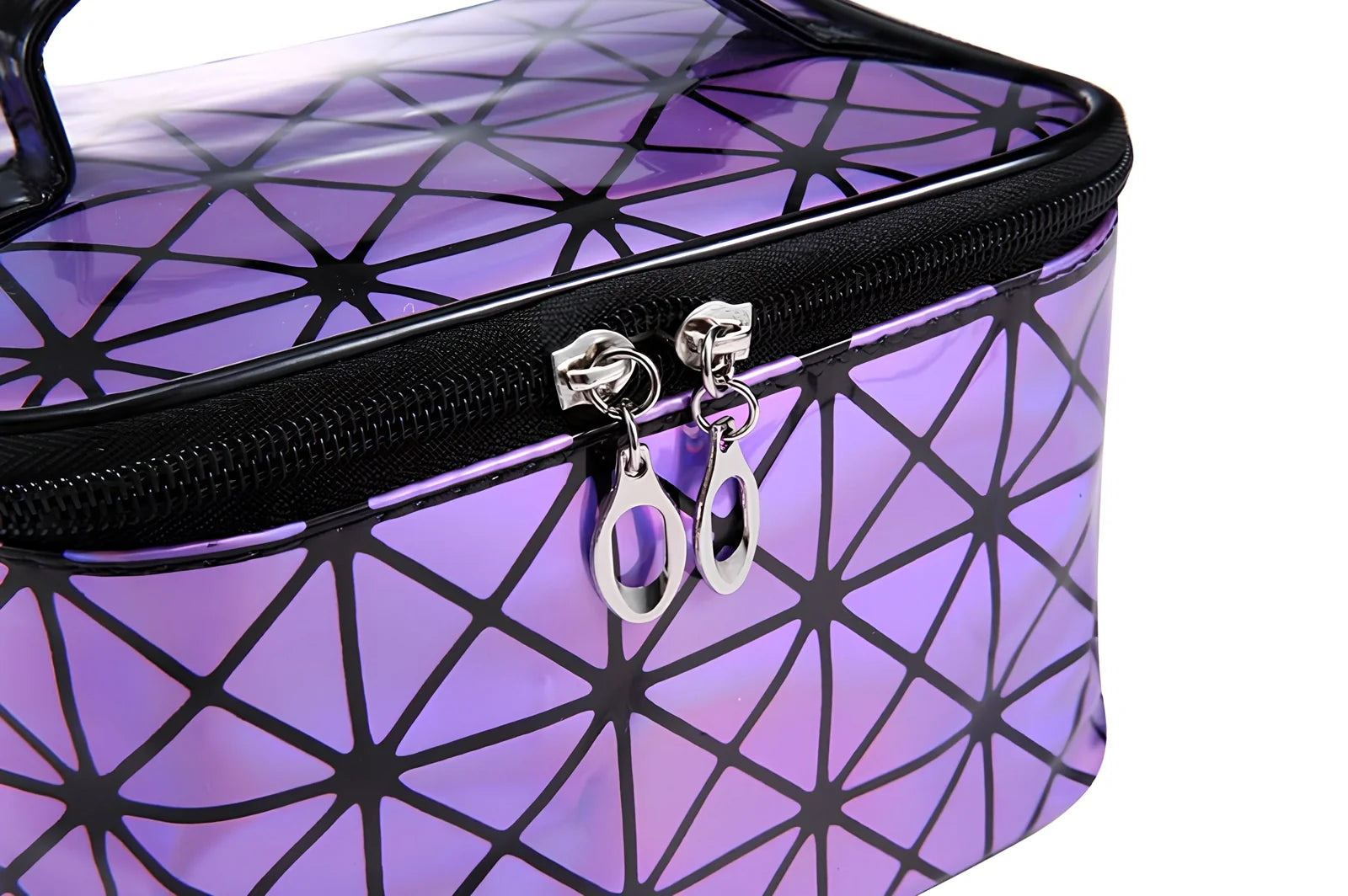 3D laser engraved cosmetic bag in blue, 19cm x 12cm x 13cm, with structured compartments for makeup storage