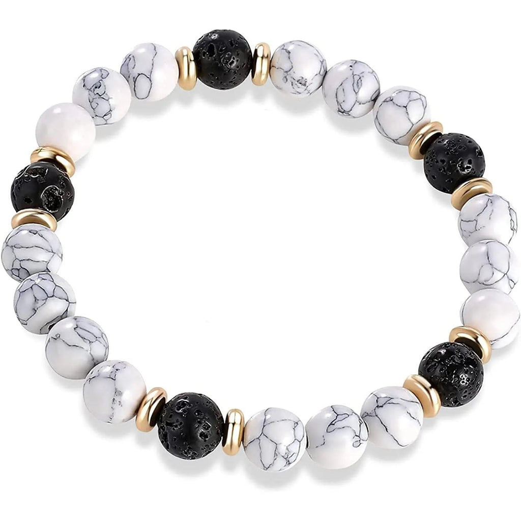 Handmade alloy bracelet with natural stone beads in volcanic white, tiger eye, and agate styles