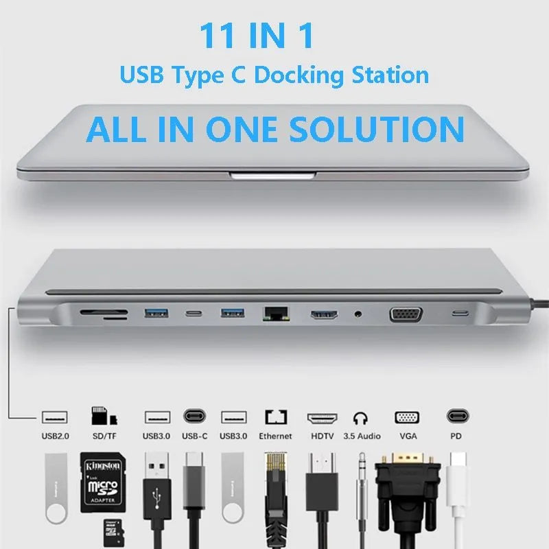 11-in-1 laptop expansion dock in photo colour with multiple ports and USB 3.0