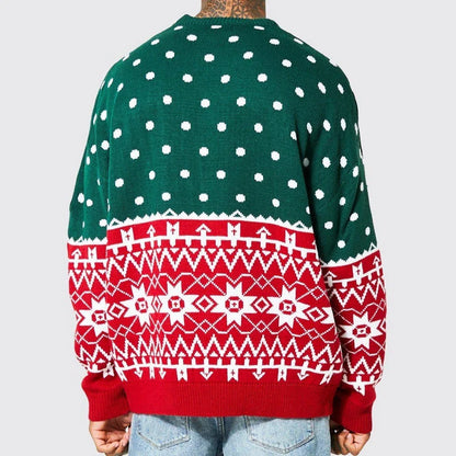 Men's knitted jacquard pullover sweater in green and white colors, featuring a loose, round-neck design for comfortable wear during autumn, winter, and Christmas seasons.