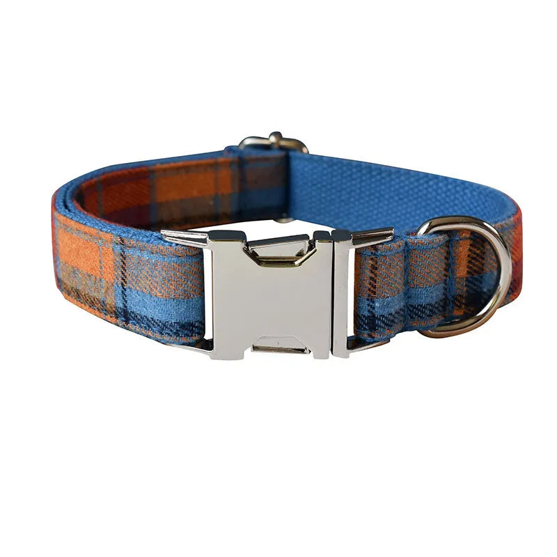 Blue background velvet plaid dog collar with alloy buckle and matching bow accessory