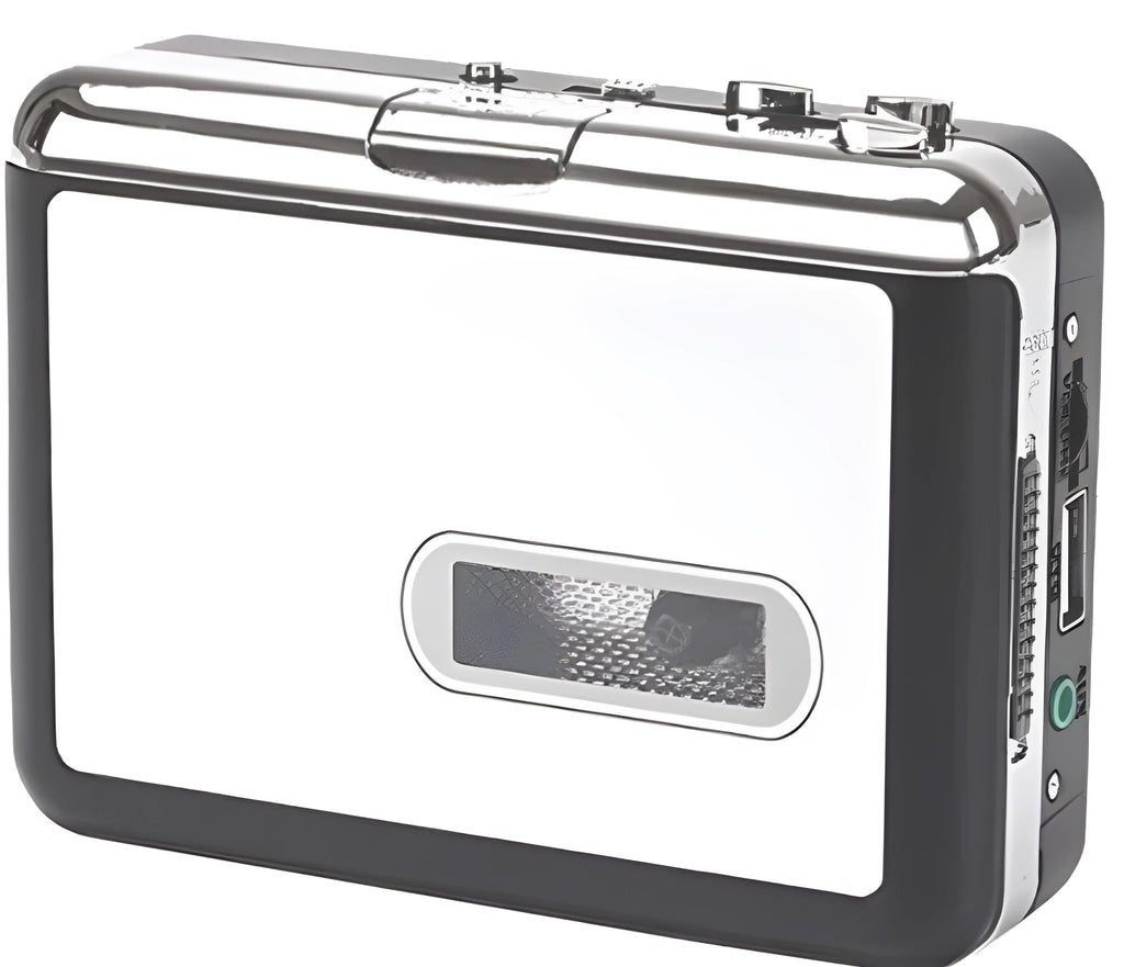 White USB Cassette to MP3 Converter with earphone and USB cable on desk