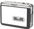 White USB Cassette to MP3 Converter with earphone and USB cable on desk