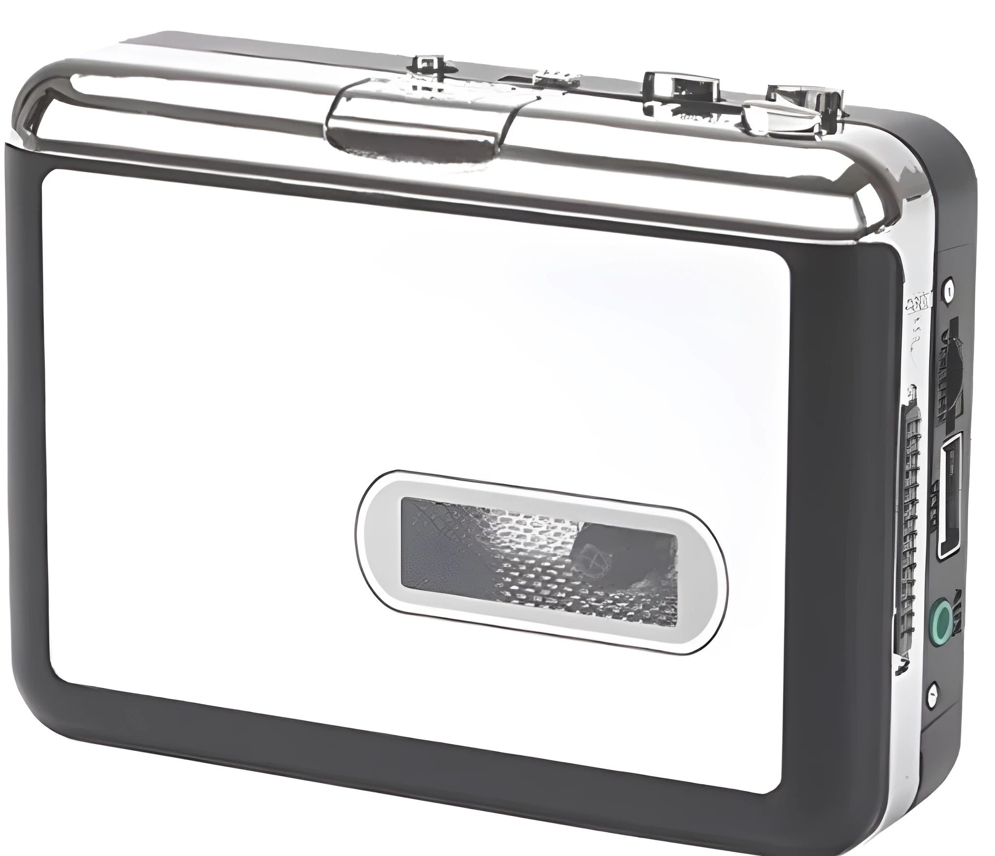 White USB Cassette to MP3 Converter with earphone and USB cable on desk