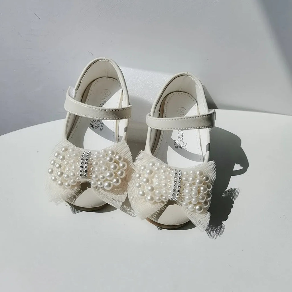 Girls' pearl bow leather wedding shoes, flat heel, Velcro closure, PU upper, beige white pearl colour