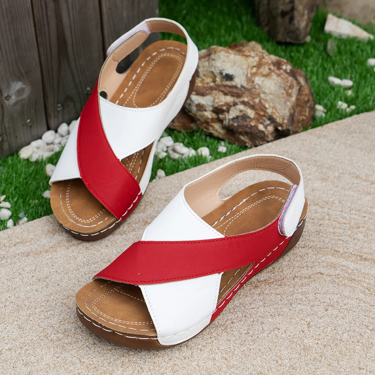 Women's summer wedges sandals with colourblock cross-strap design in various colours