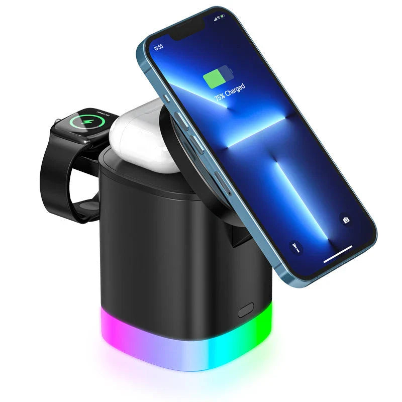 3-in-1 wireless fast charger with magnetic docking and smart breathing light indicator for smartphones, AirPods, and Apple Watch