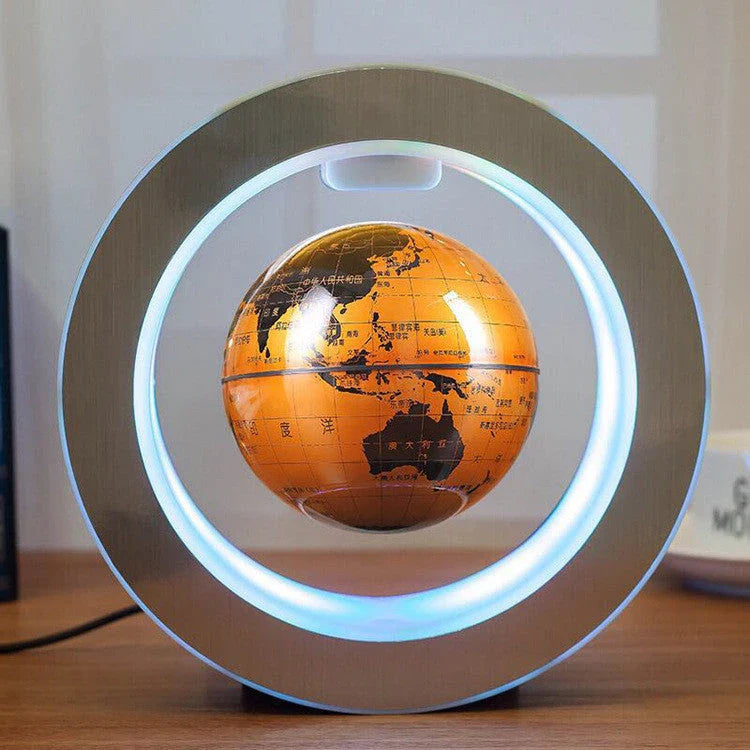 Round LED World Map Floating Globe hovering above base with magnetic levitation