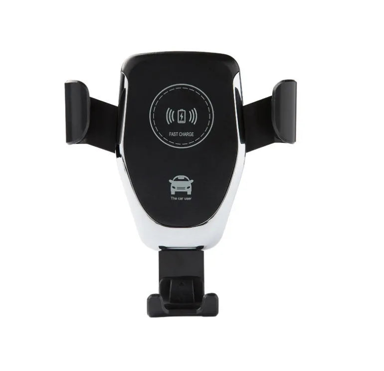 Car wireless charging mount with automatic clamp for iPhone, shown in black on a car dashboard.