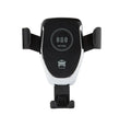 Car wireless charging mount with automatic clamp for iPhone, shown in black on a car dashboard.