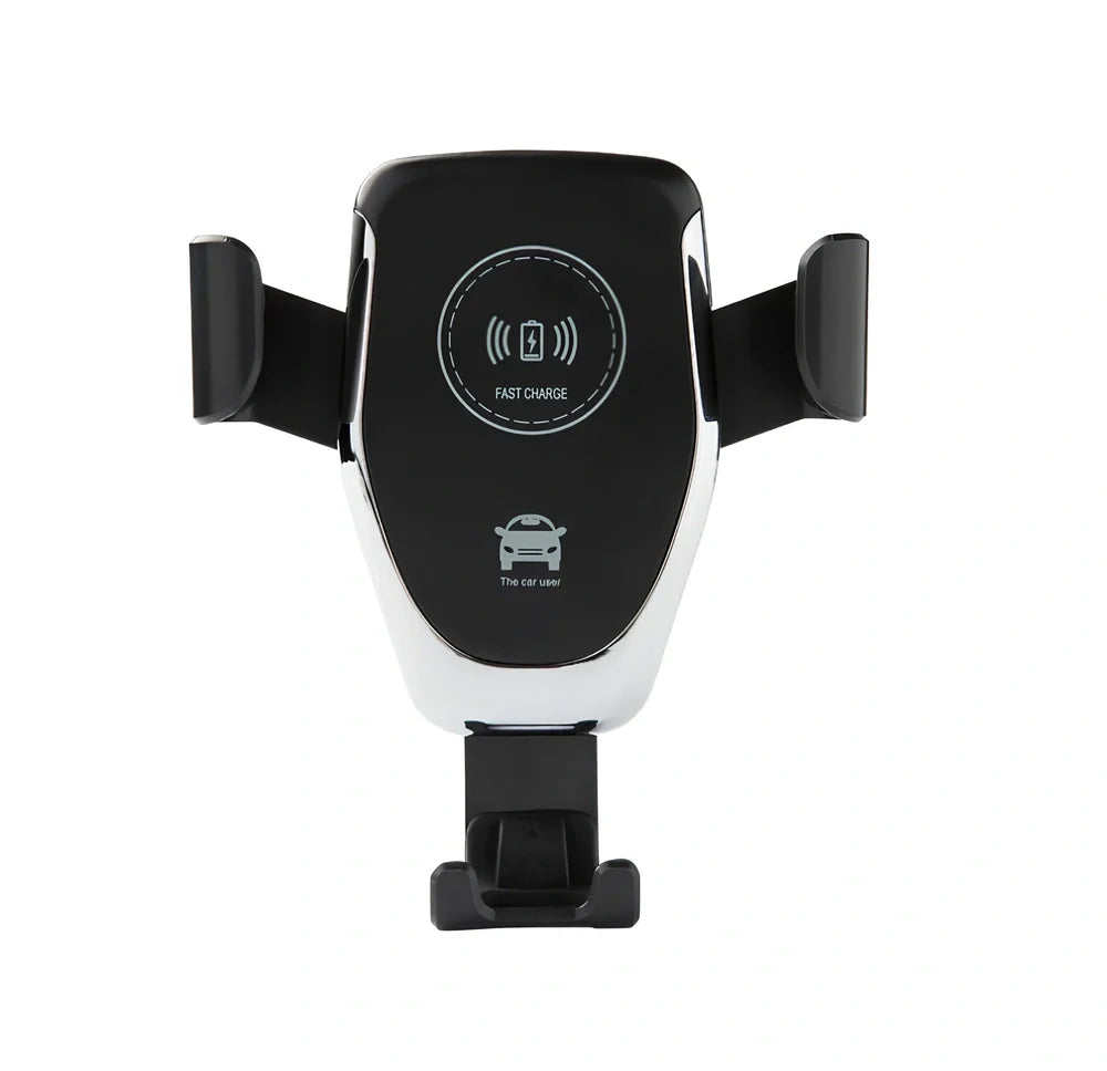 Black 18W Qi wireless car charger with auto gravity arms clamping iPhone on vent mount