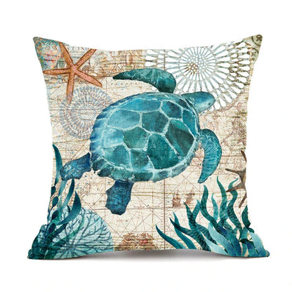 Decorative throw pillow covers featuring various marine-inspired designs like sea turtles, whales, octopus, and more on a linen background