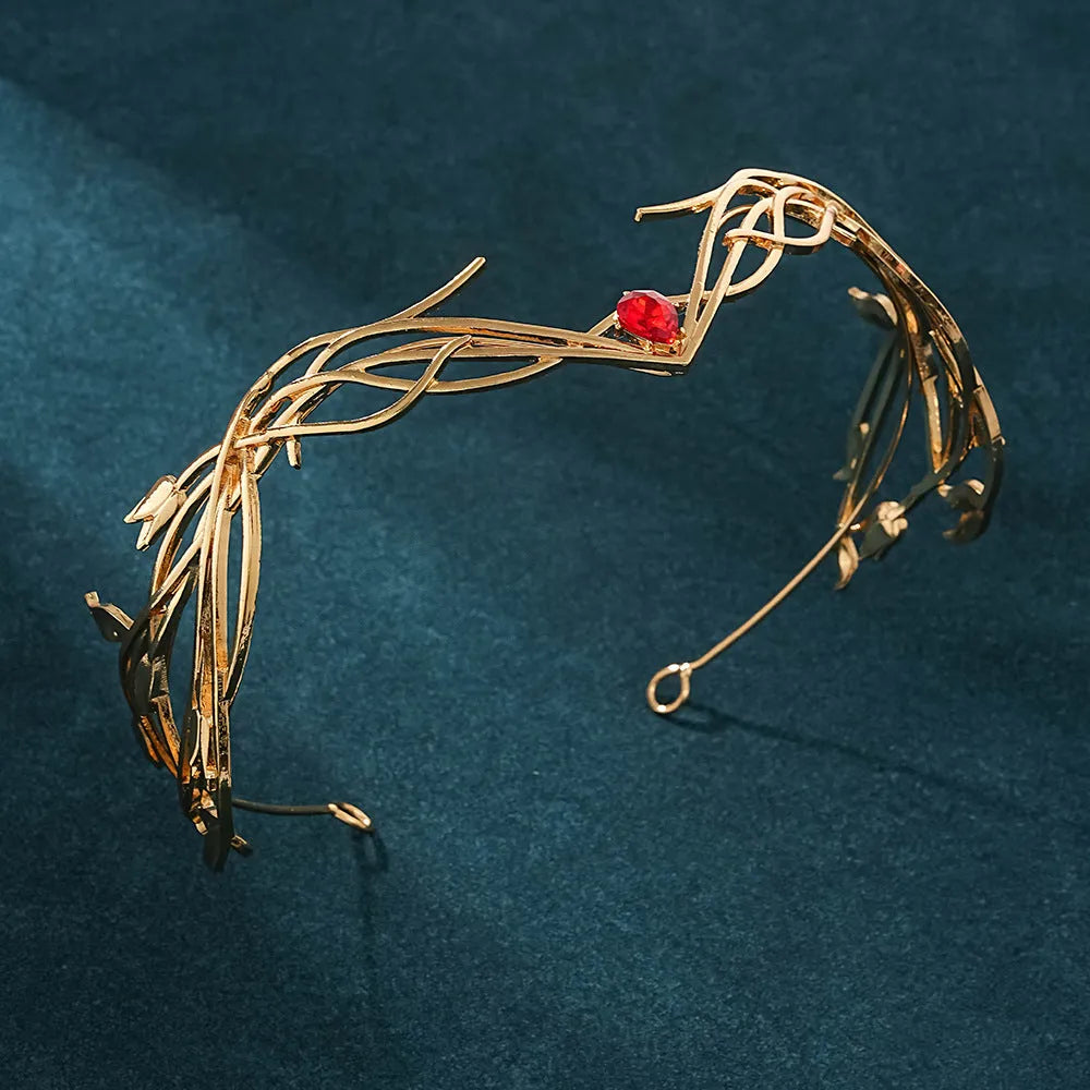 Goddess warrior leaves forehead ornament headdress in alloy with diamond inlay, 15cm eight-character shape, colour white diamond.