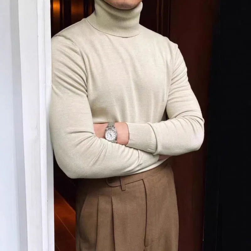 Men's autumn winter turtleneck cotton sweater in black, long sleeves, pullover style