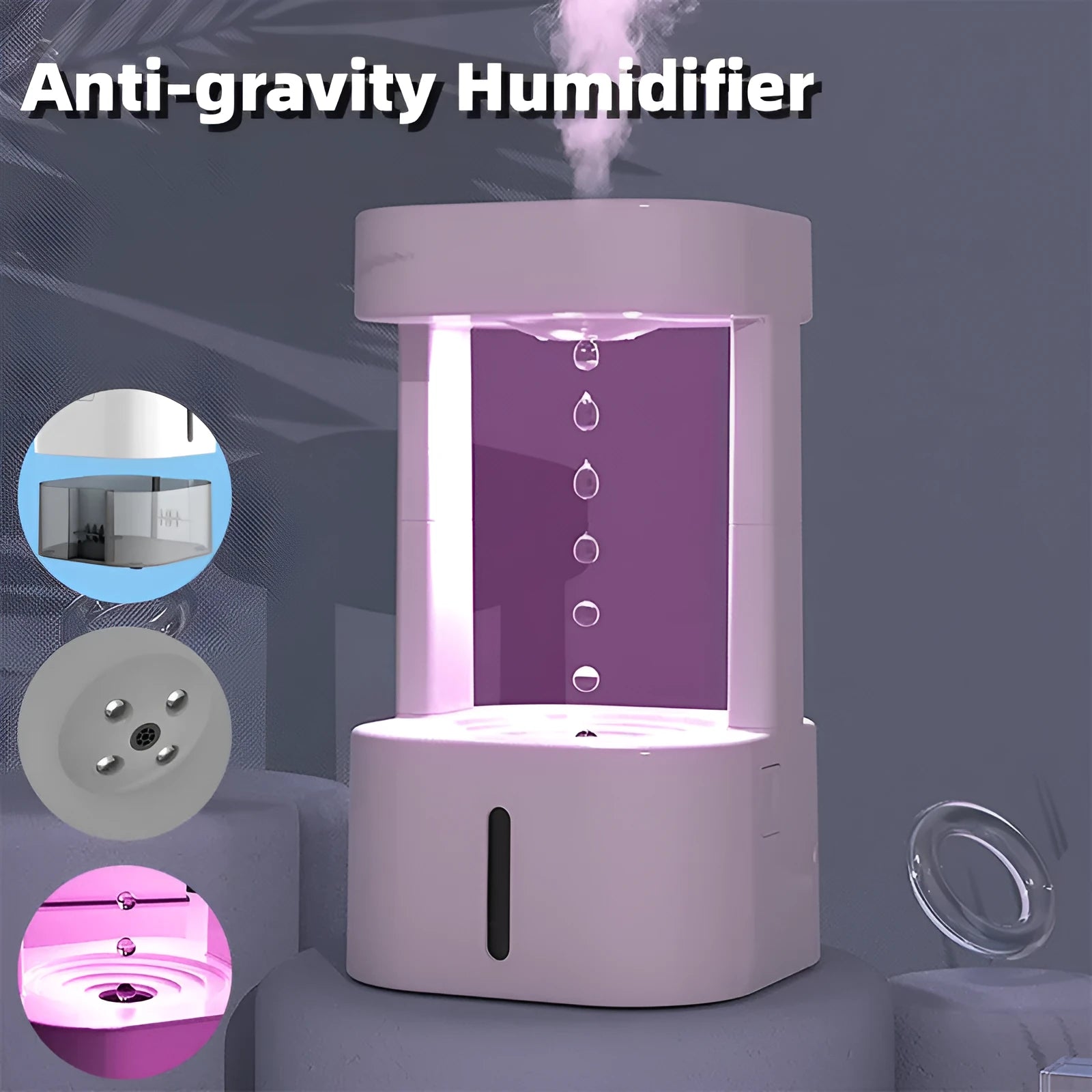 White anti-gravity water drop humidifier with coloured lights and USB cable