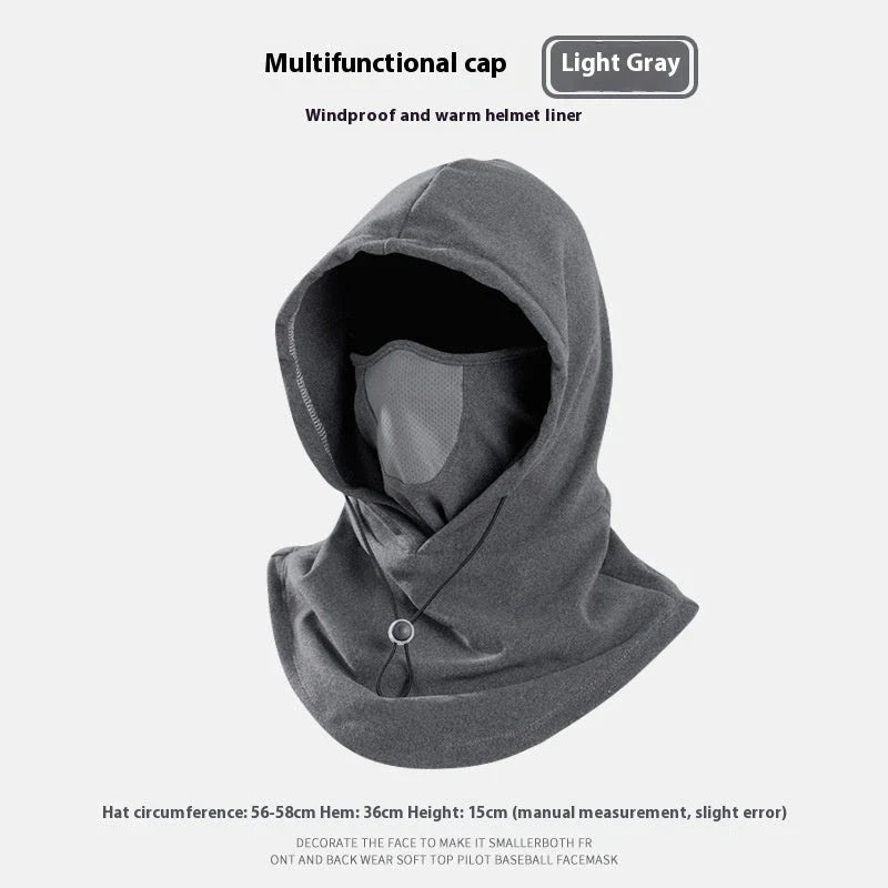 Versatile thermal fleece scarf in various colors, including black, dark gray, light gray, and pink, with adjustable drawstring and transformable design