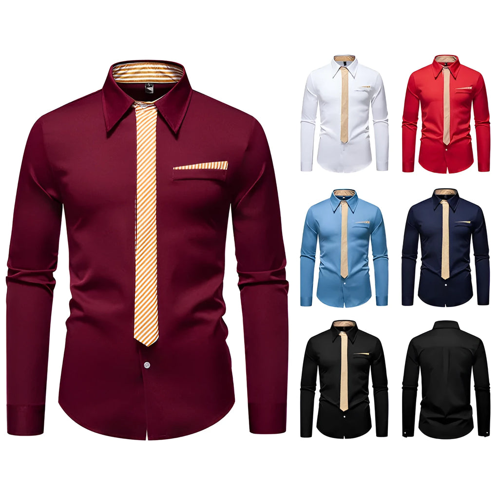 Men's polyester slim fit long-sleeved casual shirt in bright red, front view
