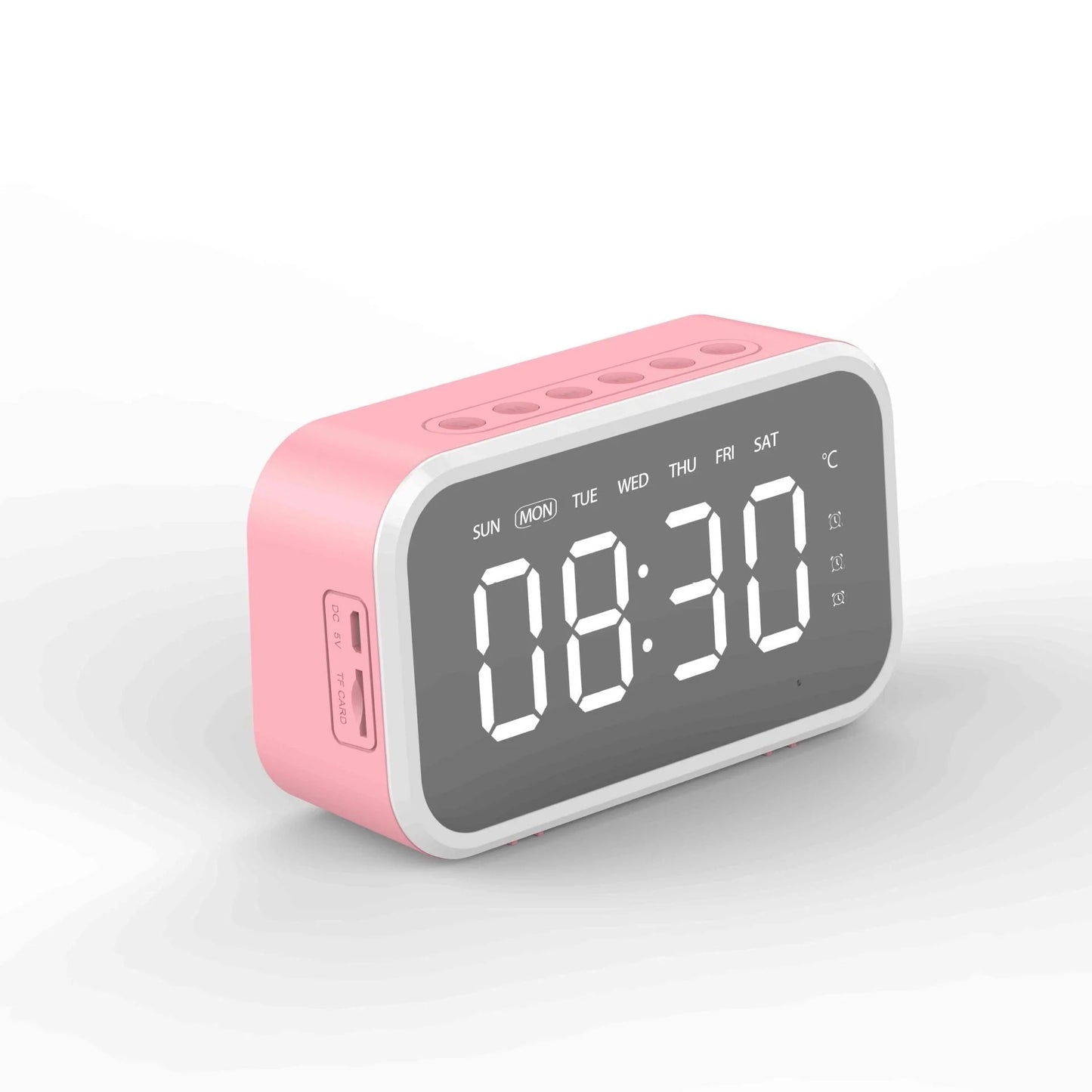 Desktop alarm clock with Bluetooth wireless audio in black, pink, and white
