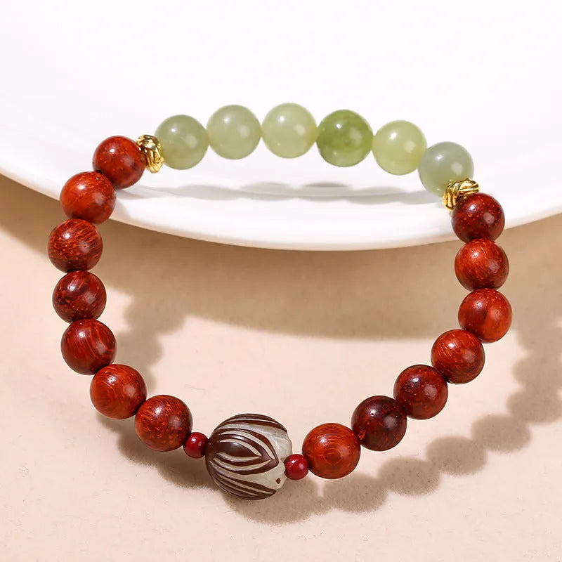 Red rosewood and gray jade women's bracelet with 8mm Bodhi Lotus charm in Chinese style geometric design